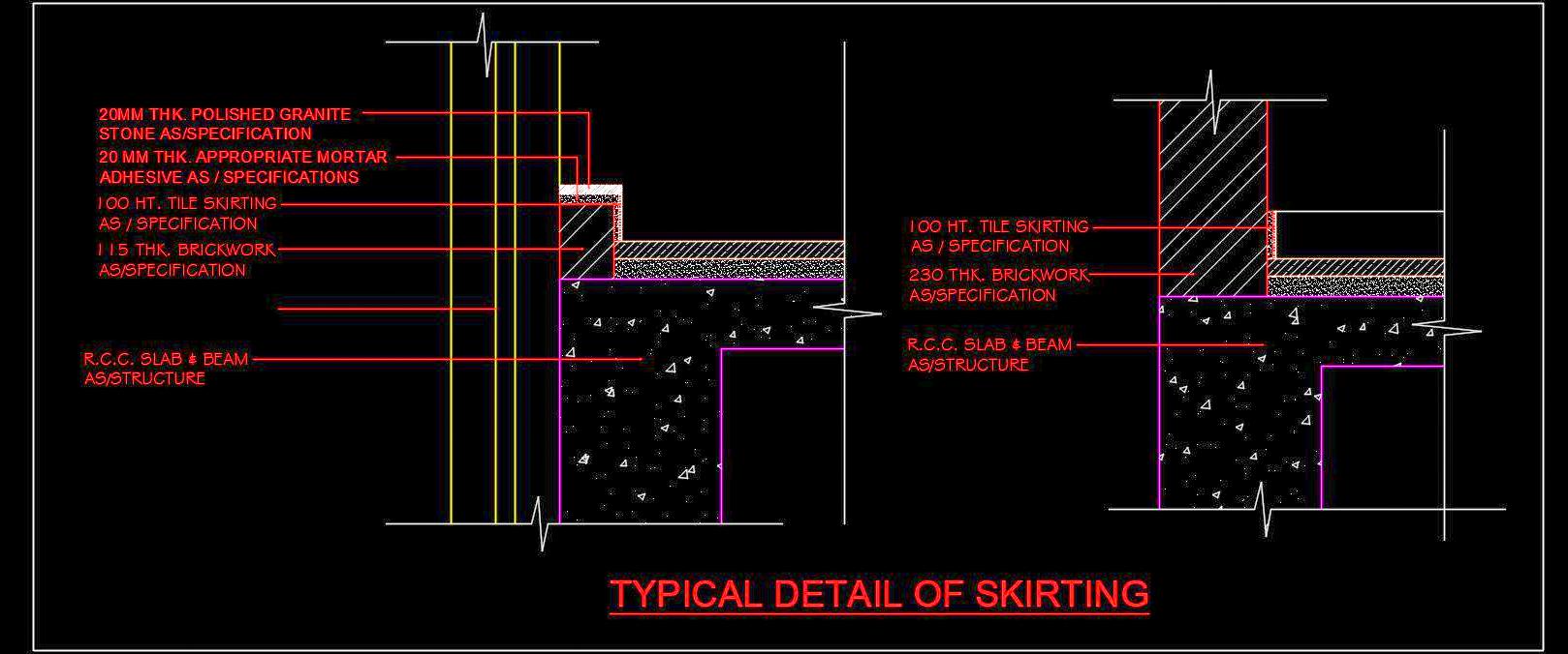 Tile Skirting Fixing Sectional Detail in Autocad